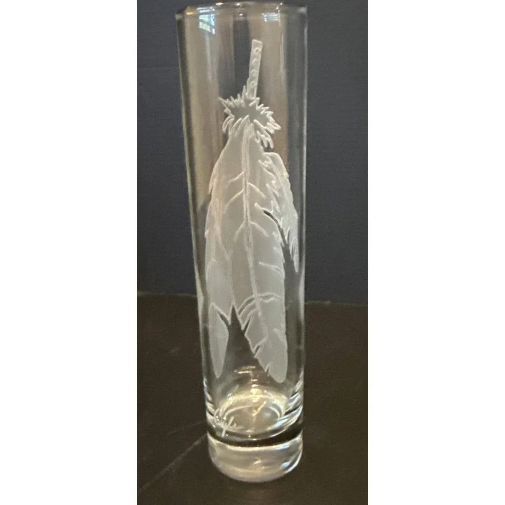 Evergreen Crystal Glass Bud Vase Feather Etched Lorraine‎ Coyle Signed 7.5